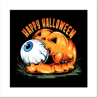 halloween pumpkin with cute eyeball its mouth artwork Posters and Art